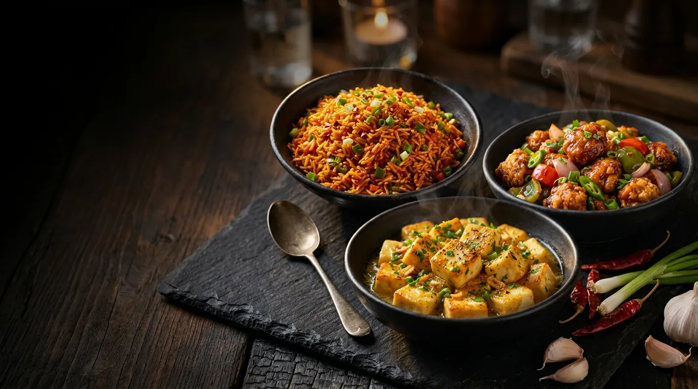 Schezwan Fried Rice, Crispy Chicken Manchurian and Butter Garlic Paneer