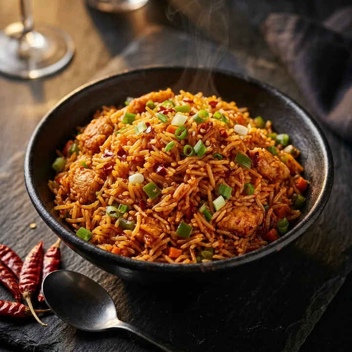 Schezwan Fried Rice with chicken, deep red and glossy